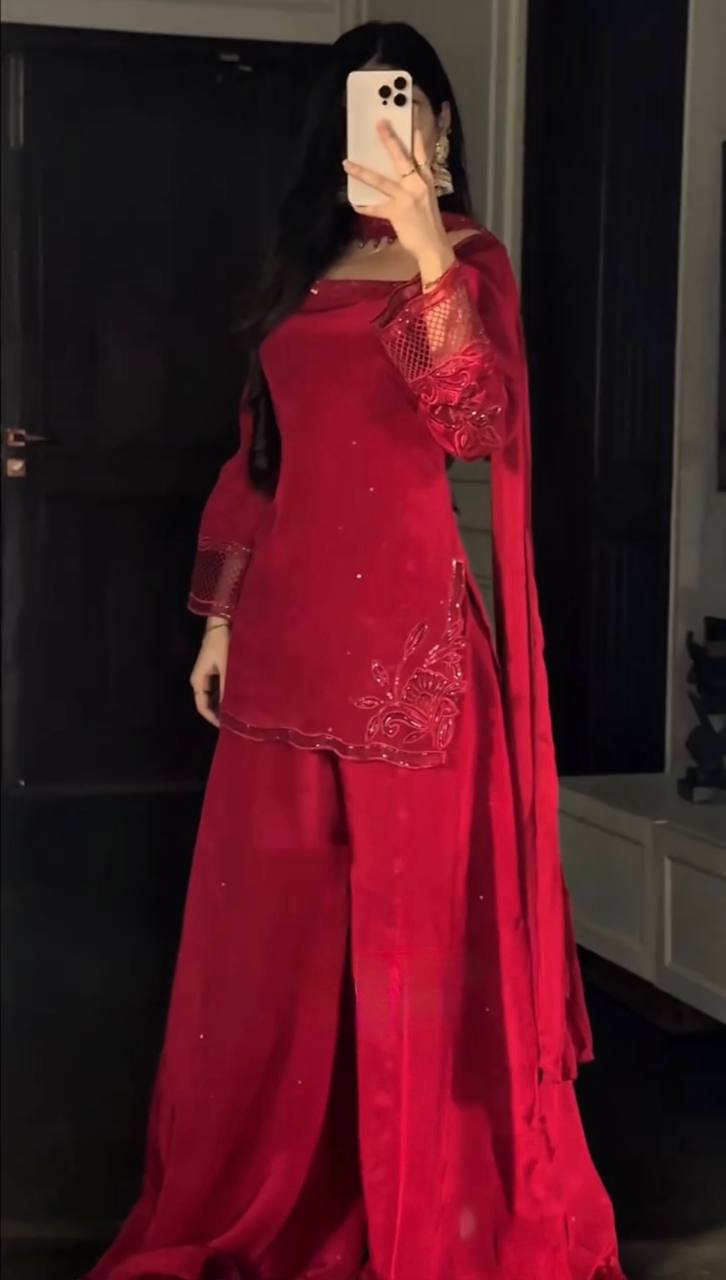 Fantastic Red Color Natural Silk Beads Work Palazzo Suit