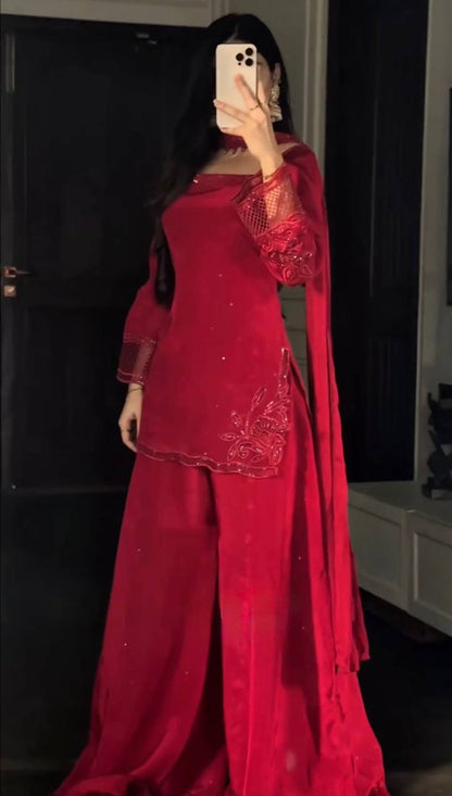 Fantastic Red Color Natural Silk Beads Work Palazzo Suit