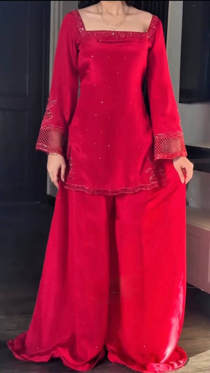 Fantastic Red Color Natural Silk Beads Work Palazzo Suit