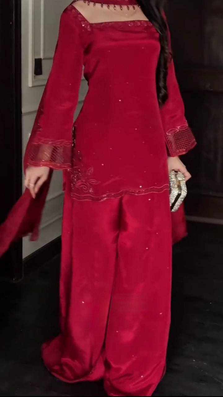 Fantastic Red Color Natural Silk Beads Work Palazzo Suit