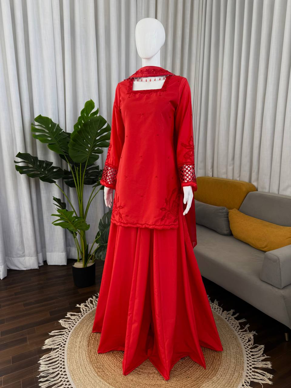 Fantastic Red Color Natural Silk Beads Work Palazzo Suit