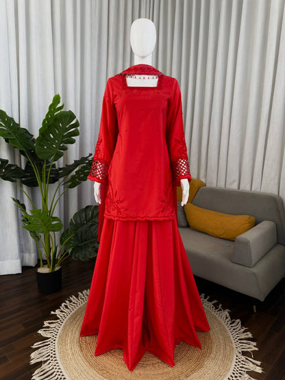 Fantastic Red Color Natural Silk Beads Work Palazzo Suit