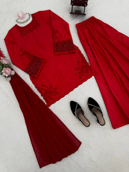Fantastic Red Color Natural Silk Beads Work Palazzo Suit