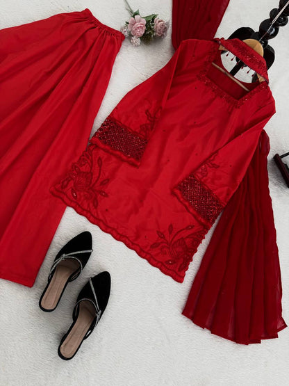 Fantastic Red Color Natural Silk Beads Work Palazzo Suit