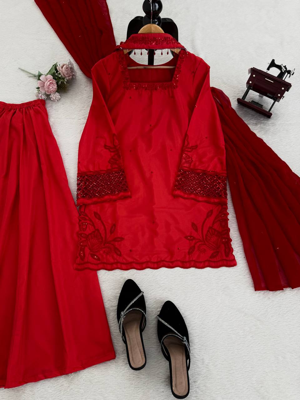 Fantastic Red Color Natural Silk Beads Work Palazzo Suit