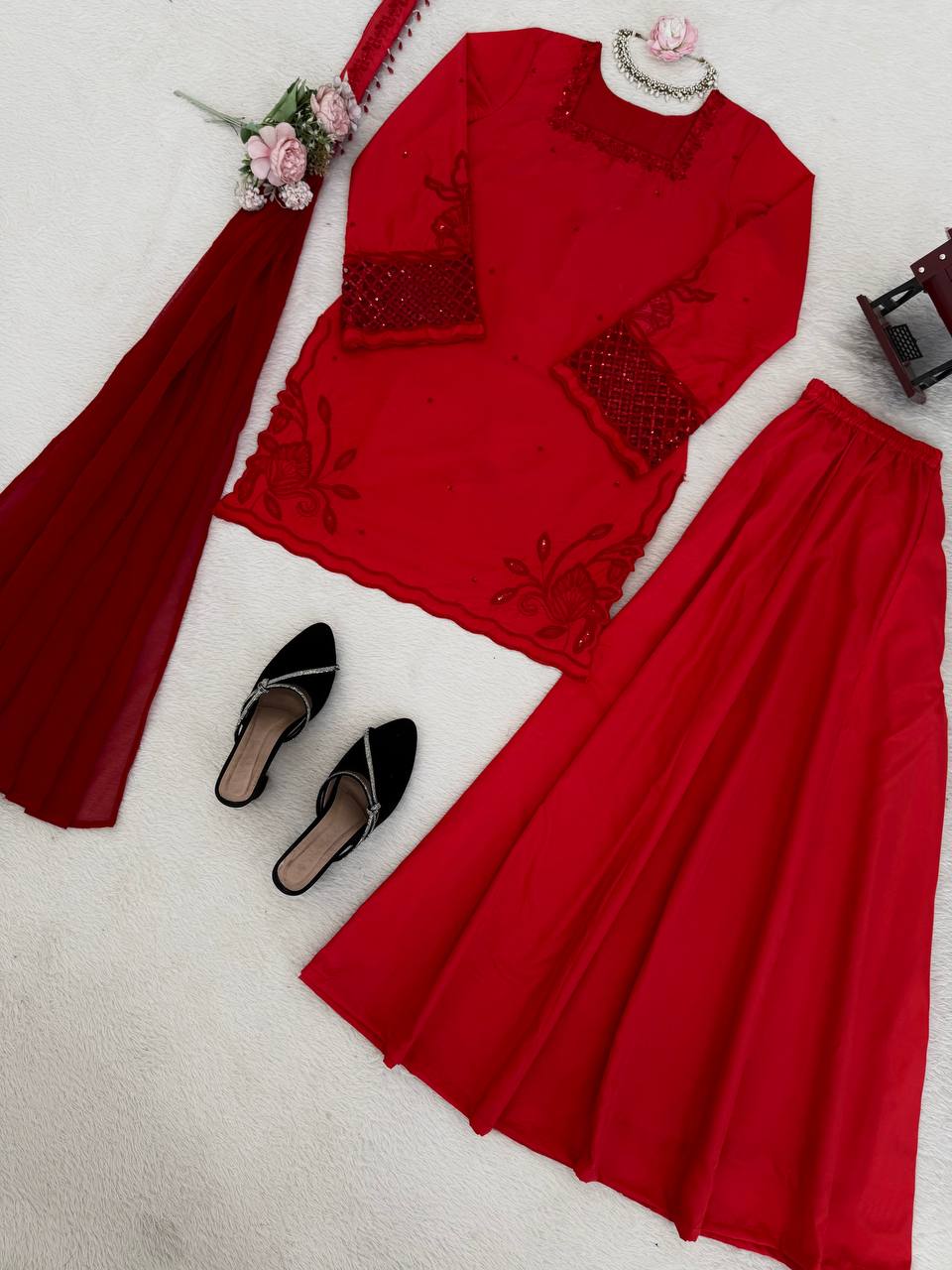 Fantastic Red Color Natural Silk Beads Work Palazzo Suit