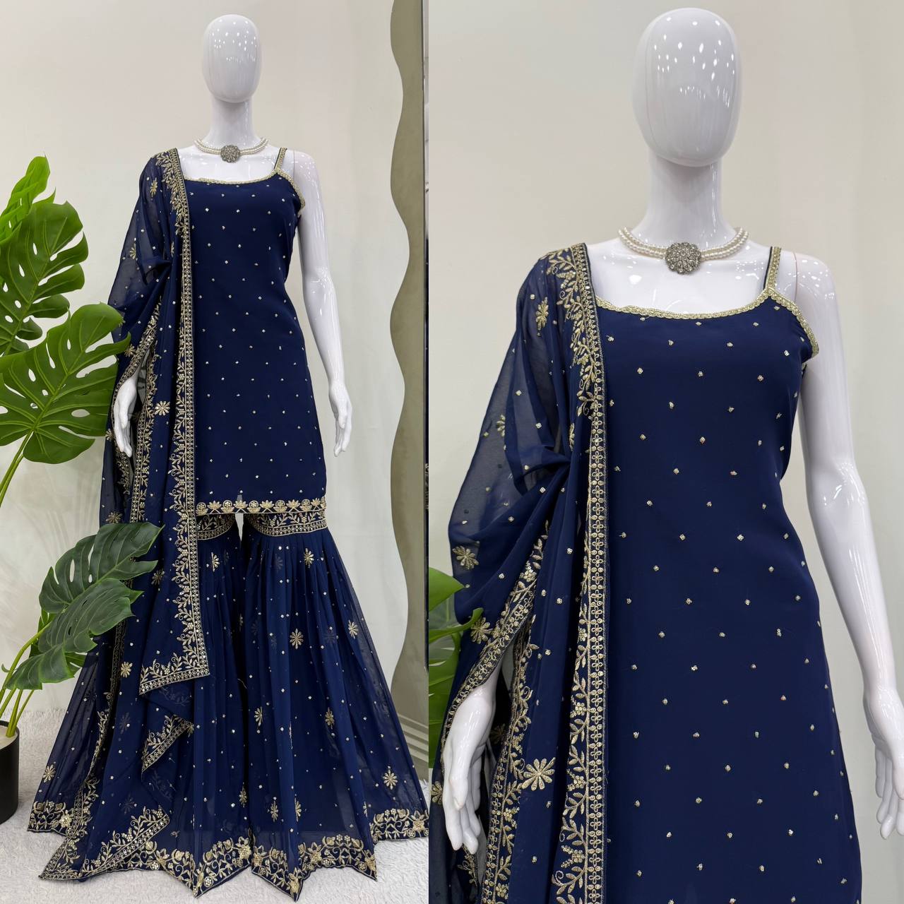 Function Wear Navy Blue Color Faux Georgette Thread With Sequin Embroidery Work Sharara Suit