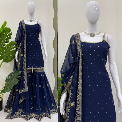 Function Wear Navy Blue Color Faux Georgette Thread With Sequin Embroidery Work Sharara Suit