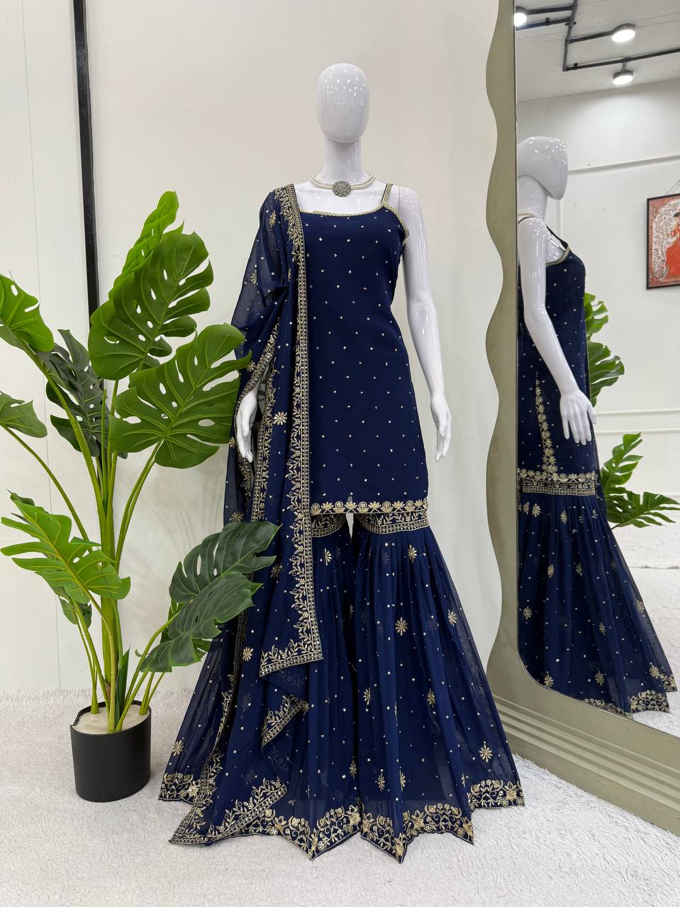 Function Wear Navy Blue Color Faux Georgette Thread With Sequin Embroidery Work Sharara Suit