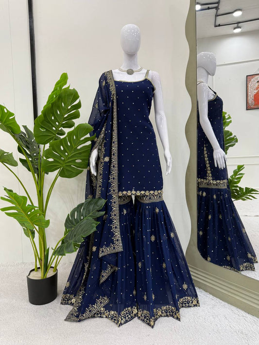 Function Wear Navy Blue Color Faux Georgette Thread With Sequin Embroidery Work Sharara Suit