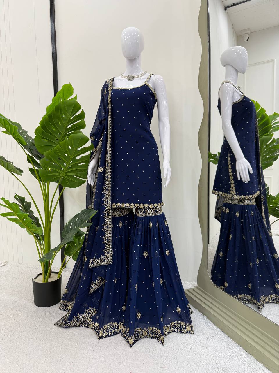 Function Wear Navy Blue Color Faux Georgette Thread With Sequin Embroidery Work Sharara Suit
