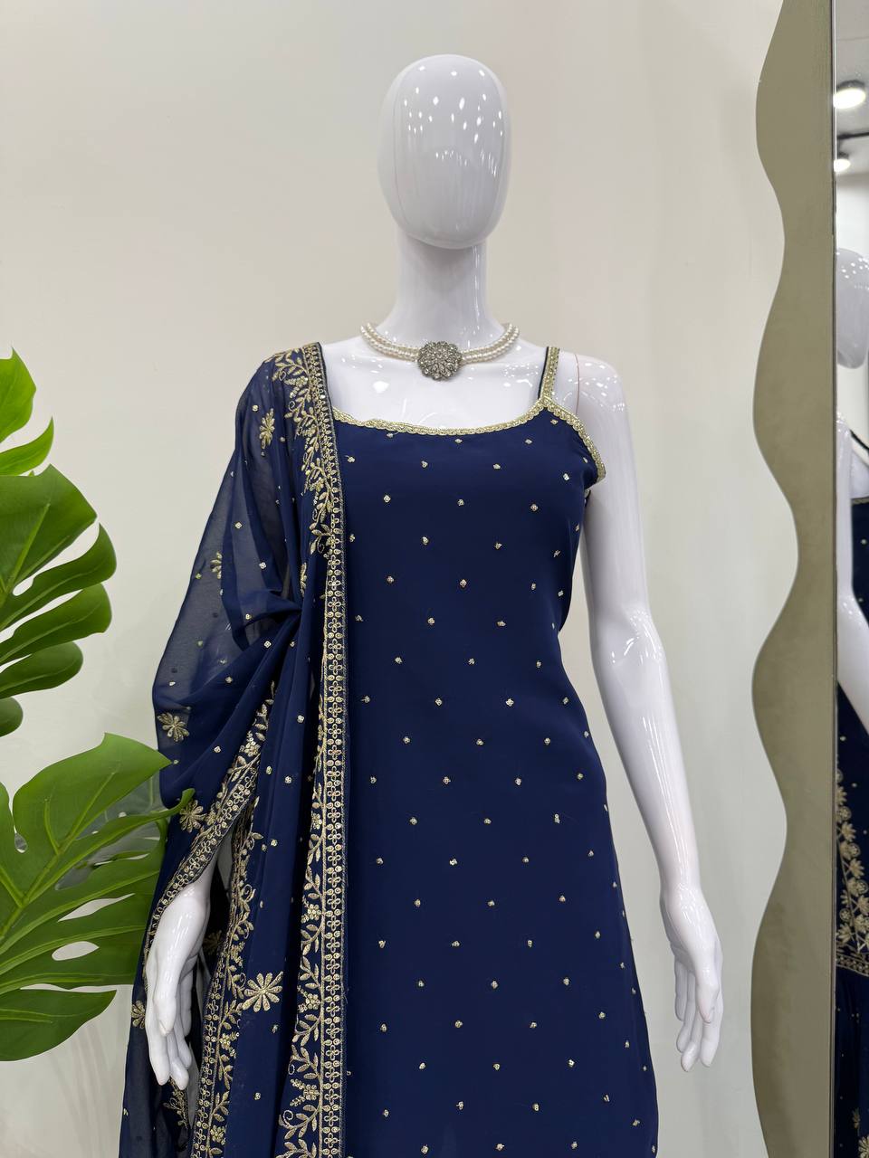 Function Wear Navy Blue Color Faux Georgette Thread With Sequin Embroidery Work Sharara Suit