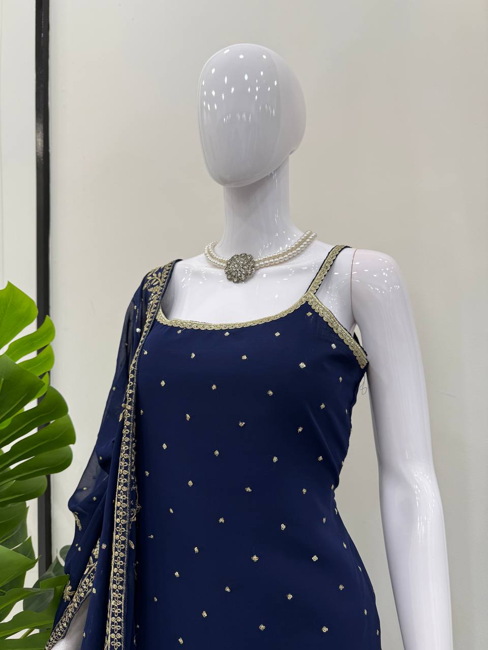 Function Wear Navy Blue Color Faux Georgette Thread With Sequin Embroidery Work Sharara Suit