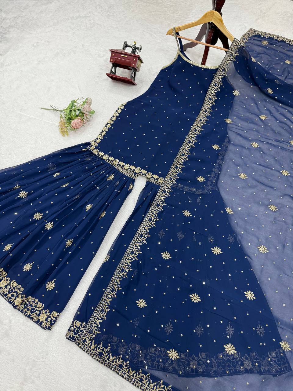 Function Wear Navy Blue Color Faux Georgette Thread With Sequin Embroidery Work Sharara Suit