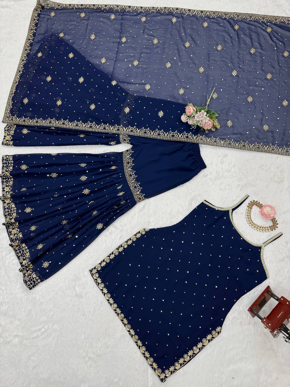 Function Wear Navy Blue Color Faux Georgette Thread With Sequin Embroidery Work Sharara Suit