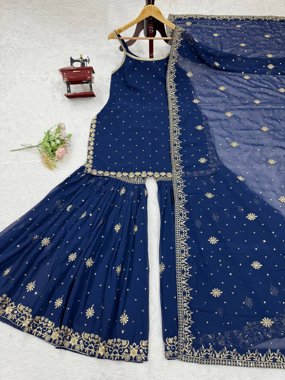 Function Wear Navy Blue Color Faux Georgette Thread With Sequin Embroidery Work Sharara Suit