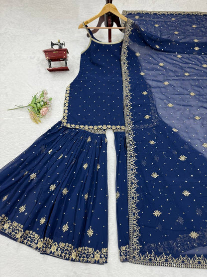 Function Wear Navy Blue Color Faux Georgette Thread With Sequin Embroidery Work Sharara Suit