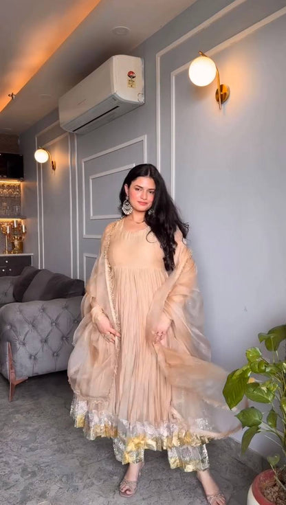Sangeet Wear Peach Color Star Georgette Full-Length For A Regal Finish Work Designer Anarkali Suit