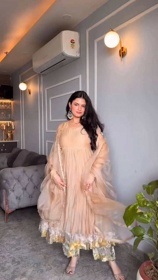 Sangeet Wear Peach Color Star Georgette Full-Length For A Regal Finish Work Designer Anarkali Suit