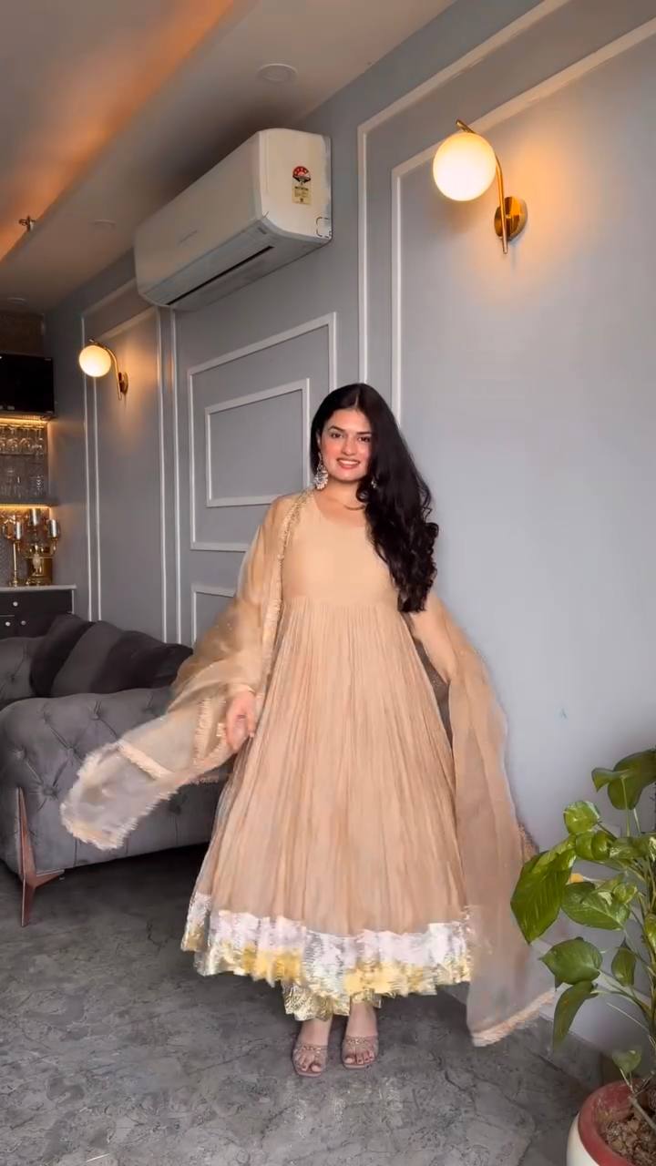 Sangeet Wear Peach Color Star Georgette Full-Length For A Regal Finish Work Designer Anarkali Suit