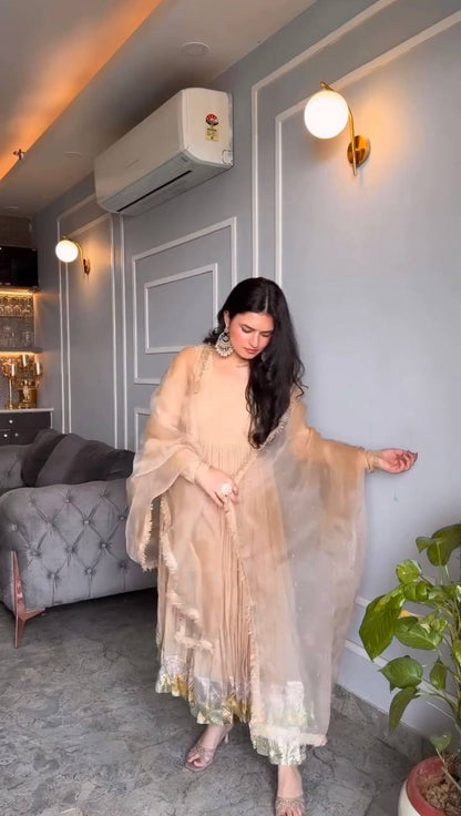 Sangeet Wear Peach Color Star Georgette Full-Length For A Regal Finish Work Designer Anarkali Suit
