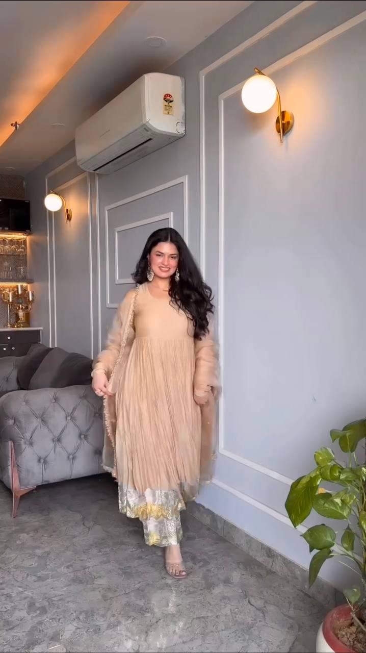 Sangeet Wear Peach Color Star Georgette Full-Length For A Regal Finish Work Designer Anarkali Suit