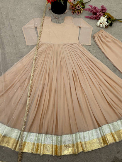 Sangeet Wear Peach Color Star Georgette Full-Length For A Regal Finish Work Designer Anarkali Suit
