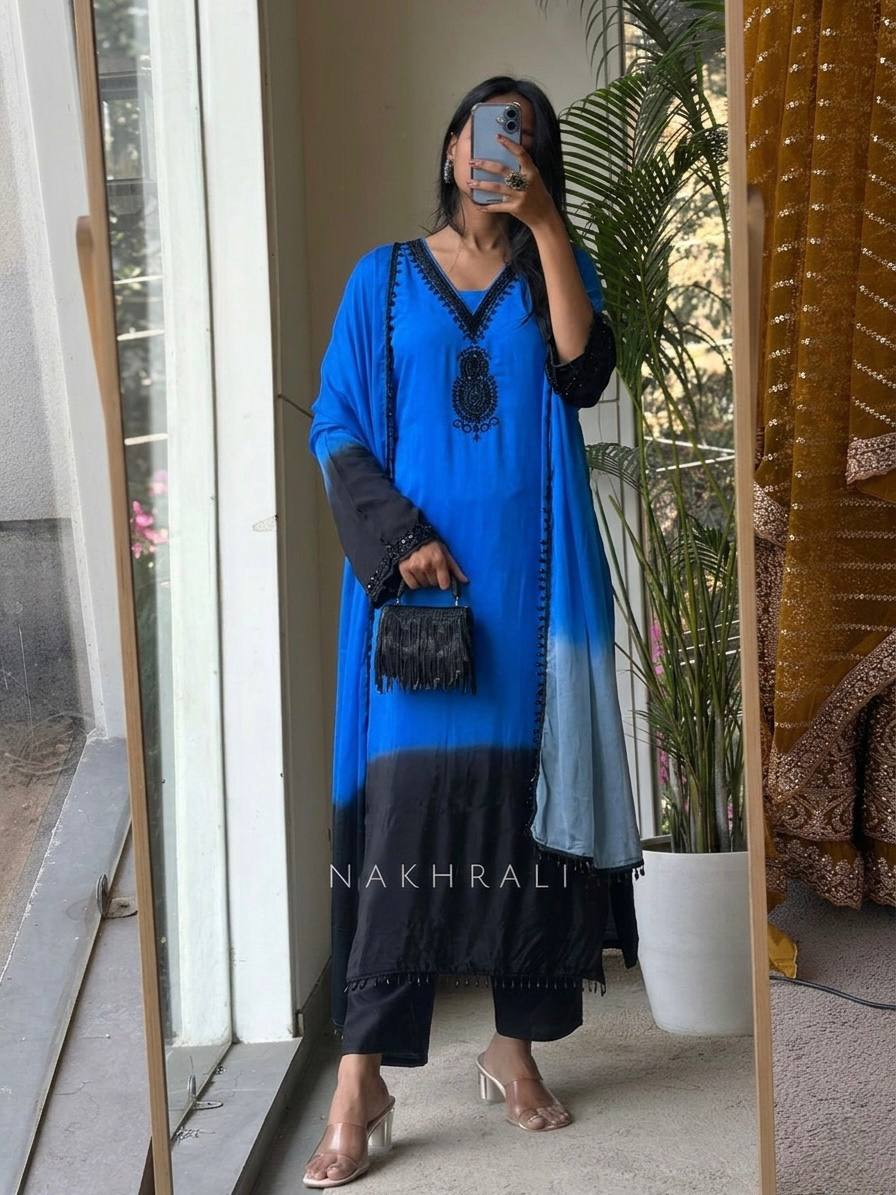 Fashionable Blue And Blue Color Embrodered Beads Work Salwar Suit