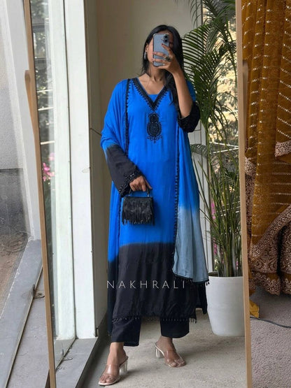 Fashionable Blue And Blue Color Embrodered Beads Work Salwar Suit