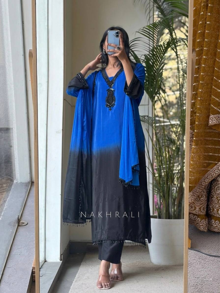 Fashionable Blue And Blue Color Embrodered Beads Work Salwar Suit