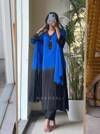 Fashionable Blue And Blue Color Embrodered Beads Work Salwar Suit