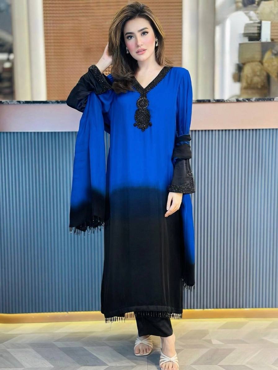 Fashionable Blue And Blue Color Embrodered Beads Work Salwar Suit