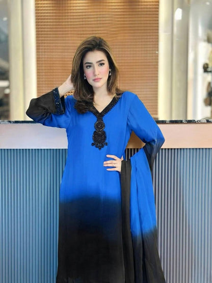 Fashionable Blue And Blue Color Embrodered Beads Work Salwar Suit