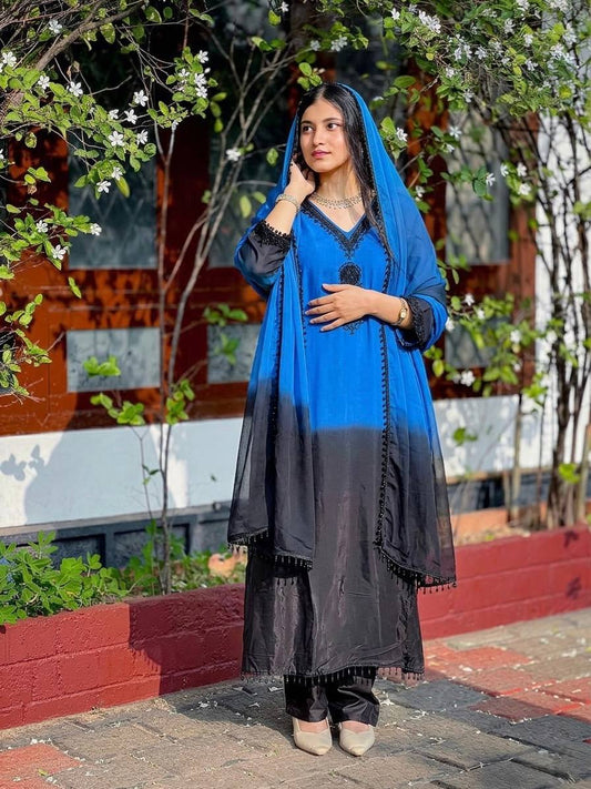 Fashionable Blue And Blue Color Embrodered Beads Work Salwar Suit