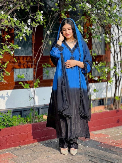 Fashionable Blue And Blue Color Embrodered Beads Work Salwar Suit