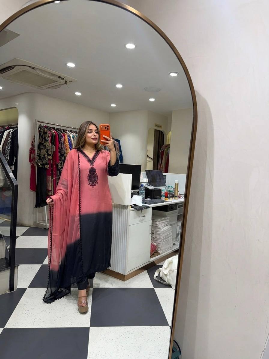 Fantastic Pink And Black Color Embrodered Beads Work Salwar Suit With Dupatta