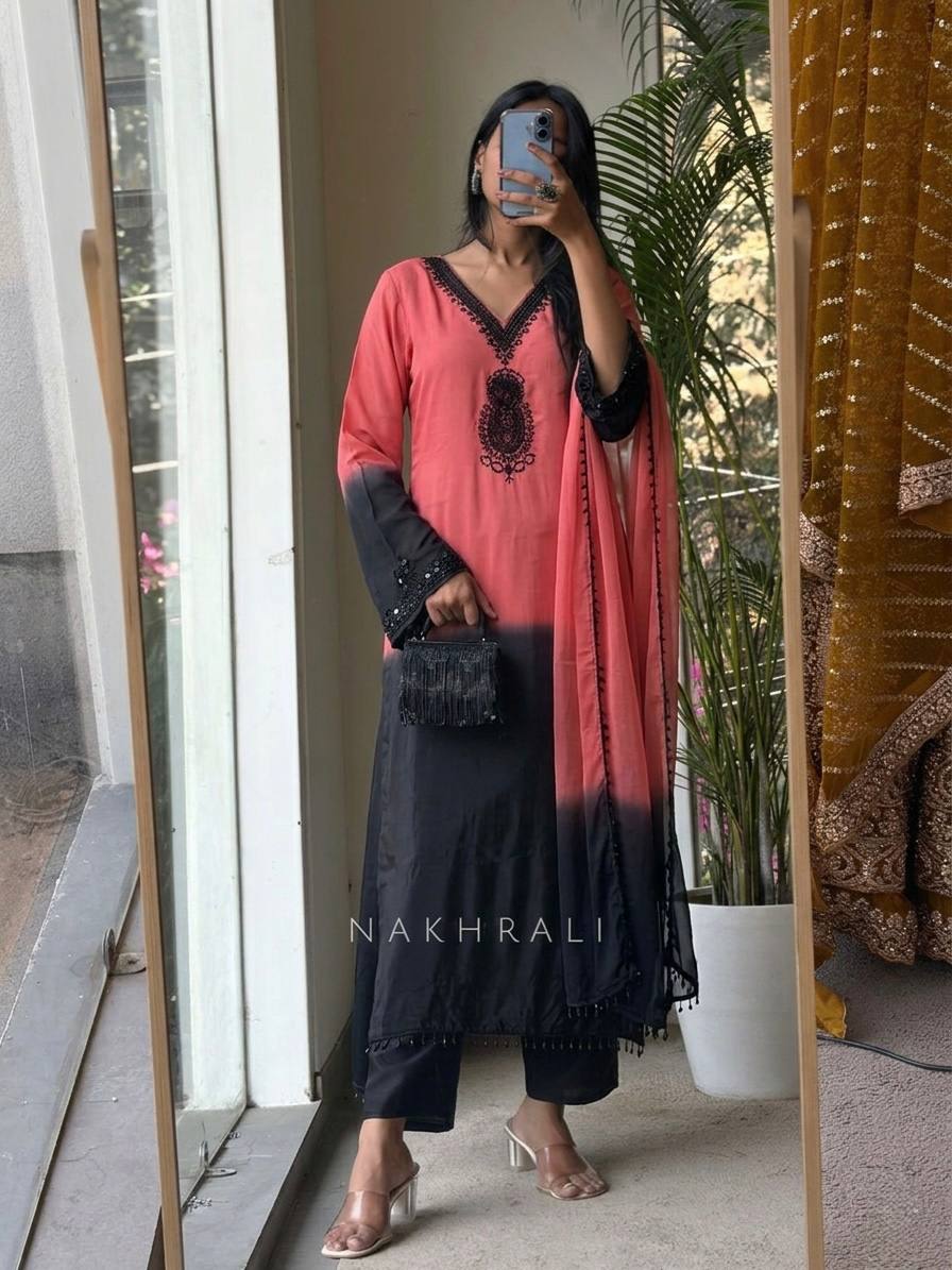 Fantastic Pink And Black Color Embrodered Beads Work Salwar Suit With Dupatta
