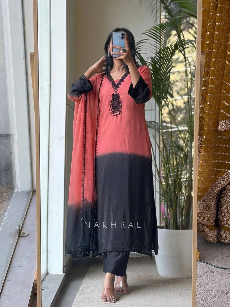 Fantastic Pink And Black Color Embrodered Beads Work Salwar Suit With Dupatta