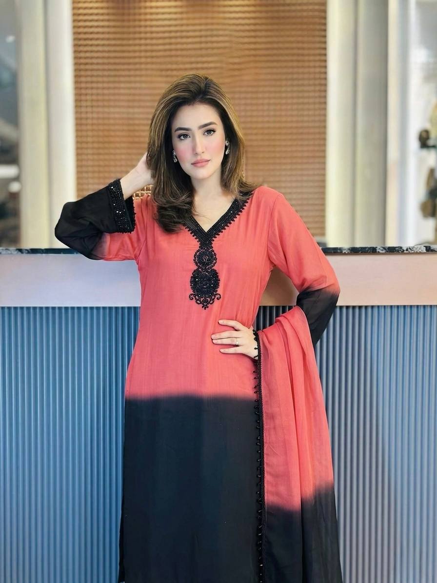 Fantastic Pink And Black Color Embrodered Beads Work Salwar Suit With Dupatta