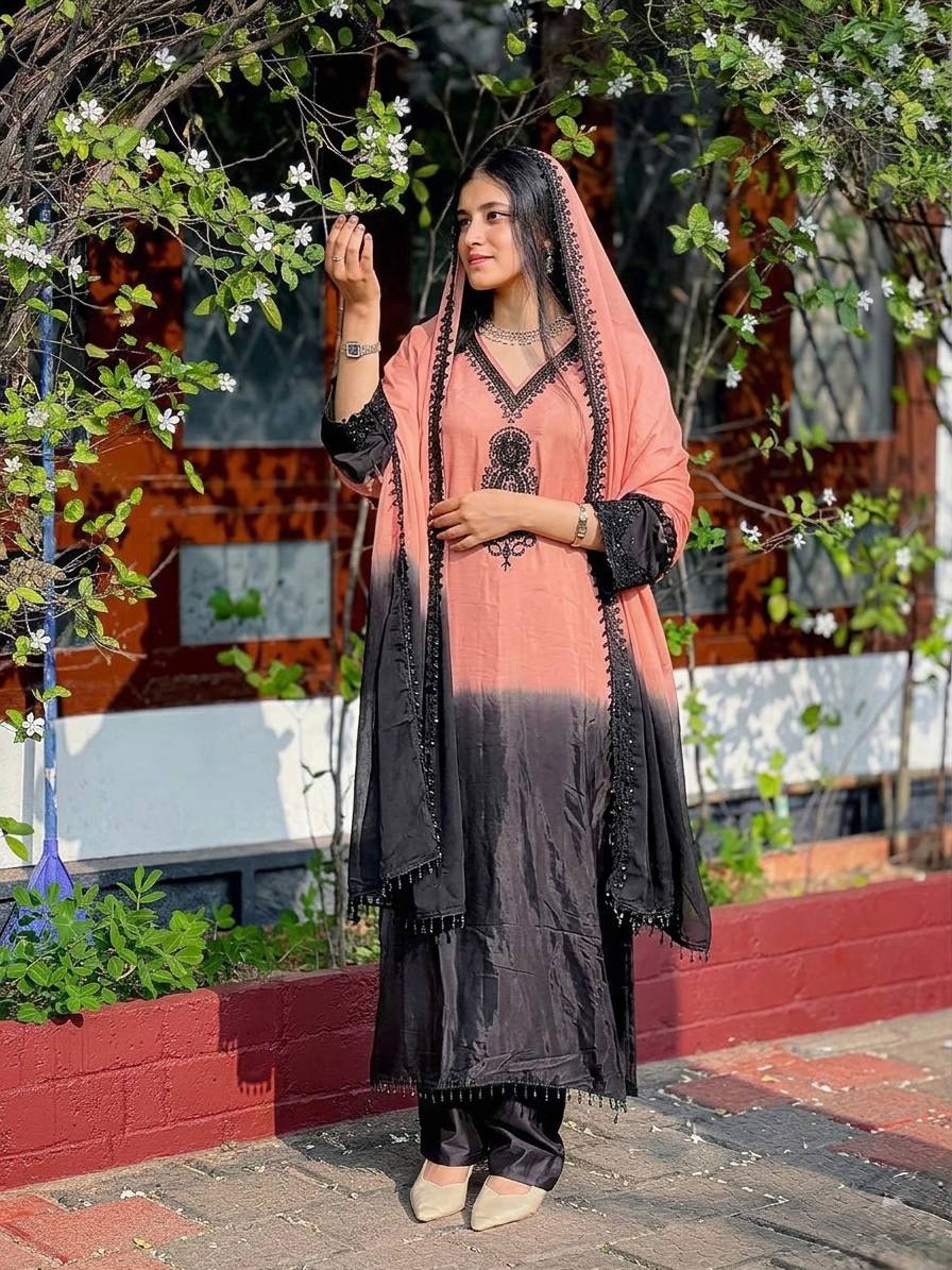 Fantastic Pink And Black Color Embrodered Beads Work Salwar Suit With Dupatta