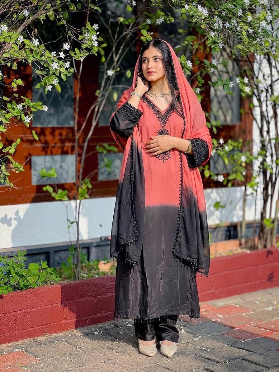 Fantastic Pink And Black Color Embrodered Beads Work Salwar Suit With Dupatta