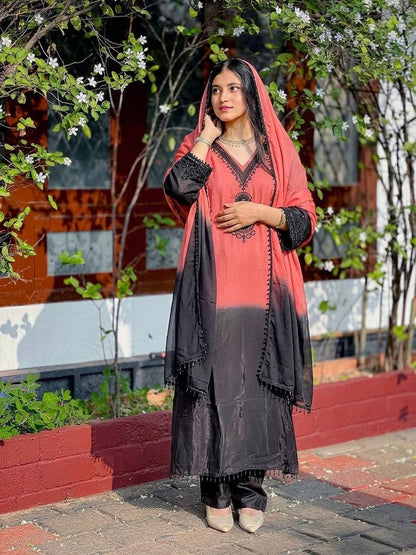 Fantastic Pink And Black Color Embrodered Beads Work Salwar Suit With Dupatta