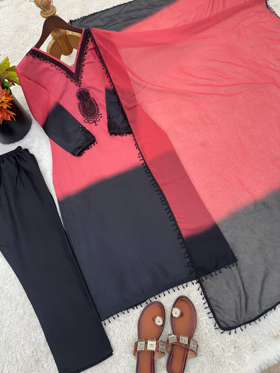 Fantastic Pink And Black Color Embrodered Beads Work Salwar Suit With Dupatta