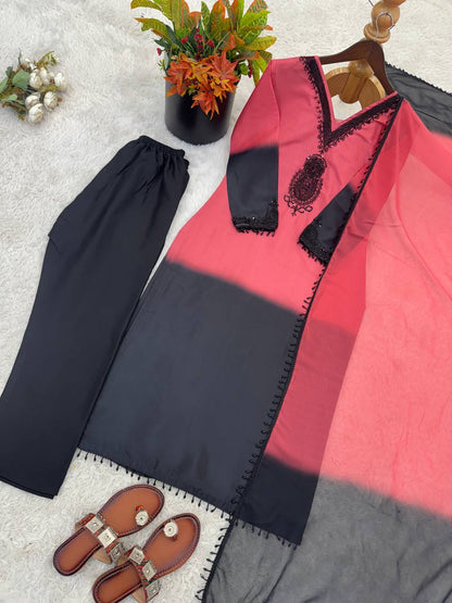 Fantastic Pink And Black Color Embrodered Beads Work Salwar Suit With Dupatta