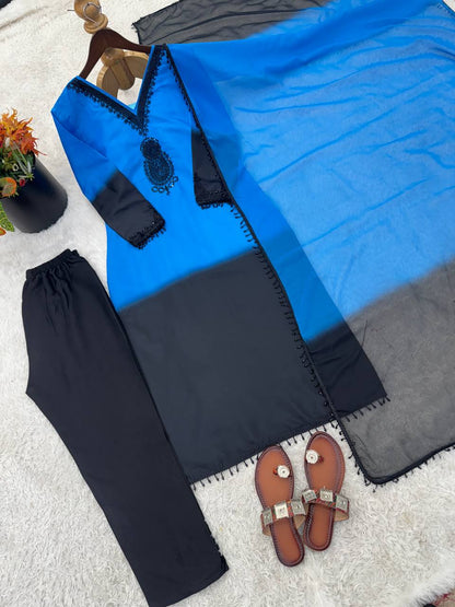 Fashionable Blue And Blue Color Embrodered Beads Work Salwar Suit