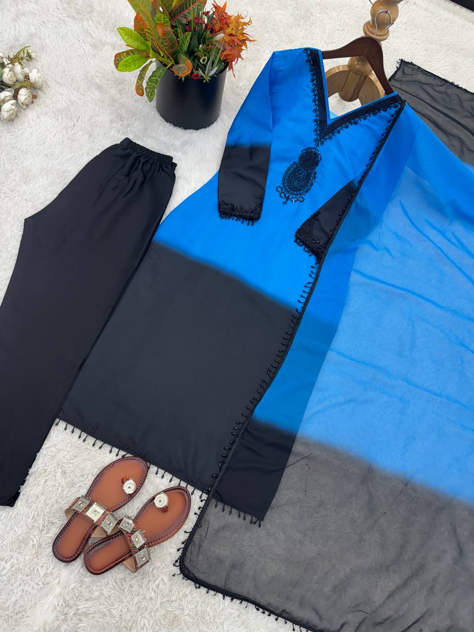 Fashionable Blue And Blue Color Embrodered Beads Work Salwar Suit