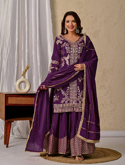 Wedding Wear Purple Color Heavy Chinnon Silk With Coding Sequin Work Beautiful Sharara Suit