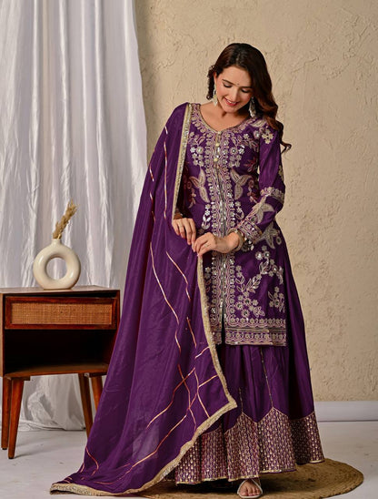 Wedding Wear Purple Color Heavy Chinnon Silk With Coding Sequin Work Beautiful Sharara Suit