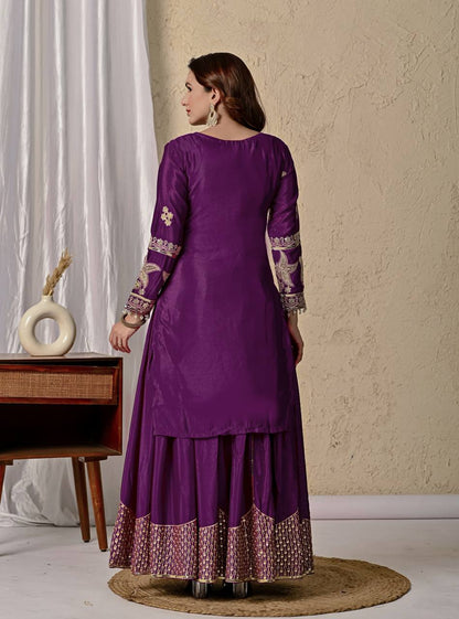 Wedding Wear Purple Color Heavy Chinnon Silk With Coding Sequin Work Beautiful Sharara Suit