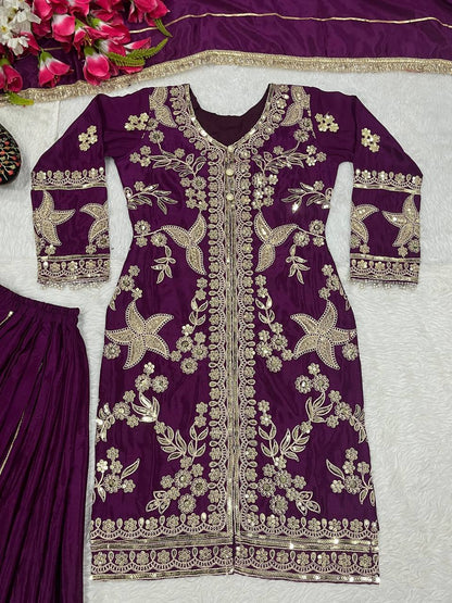 Wedding Wear Purple Color Heavy Chinnon Silk With Coding Sequin Work Beautiful Sharara Suit